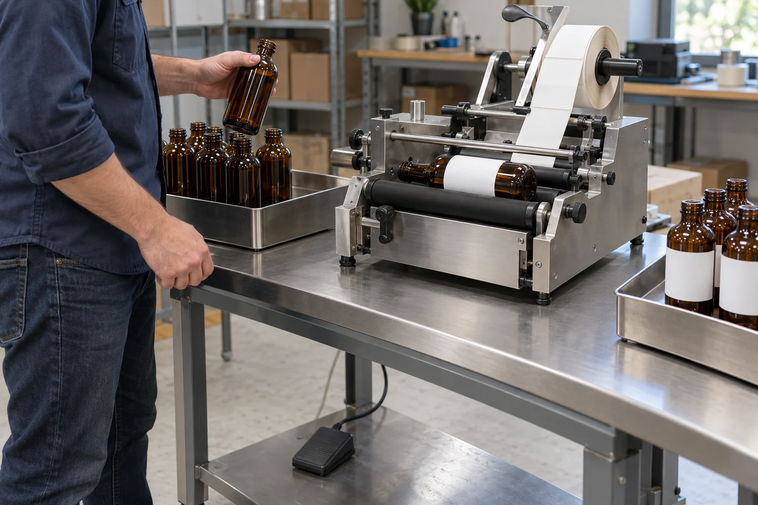 Operator holding an amber bottle beside a tabletop roller applicator and separate input and output trays