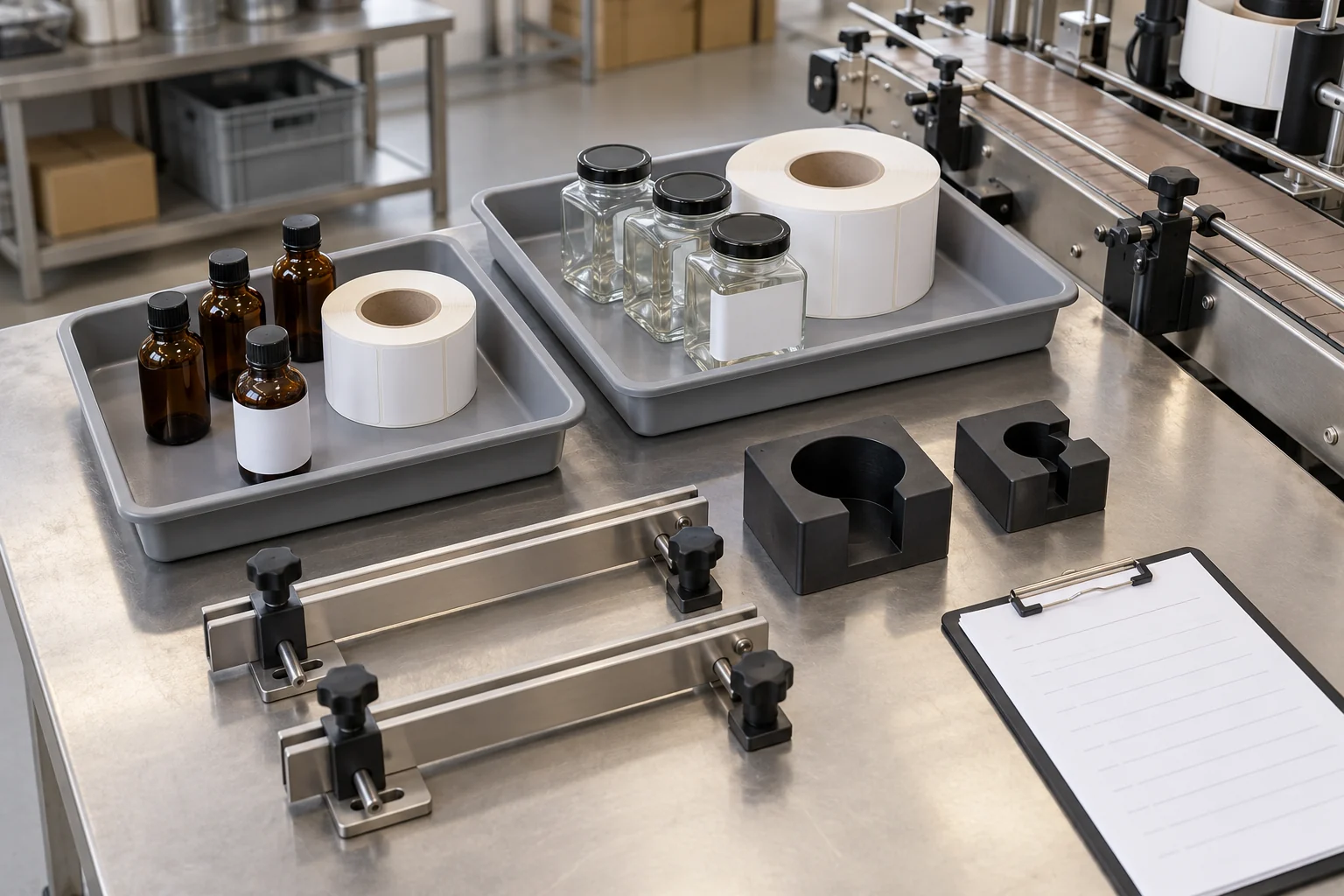 Separate trays of round bottles and square jars with label rolls, spare guides, format blocks, and a clipboard