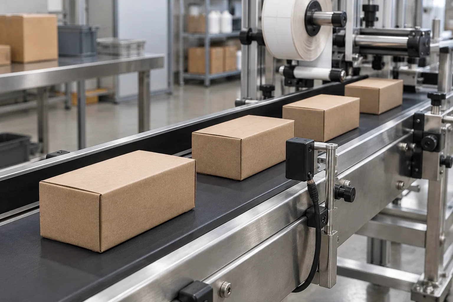 Spaced kraft cartons on a straight conveyor between side guides, with a product sensor mounted beside the belt