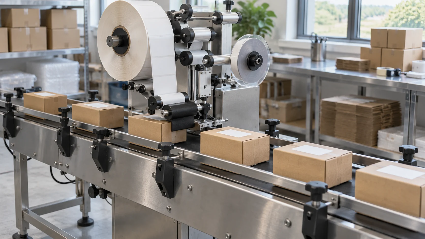 Illustration of a conveyor label applicator above spaced kraft cartons in a packaging workshop