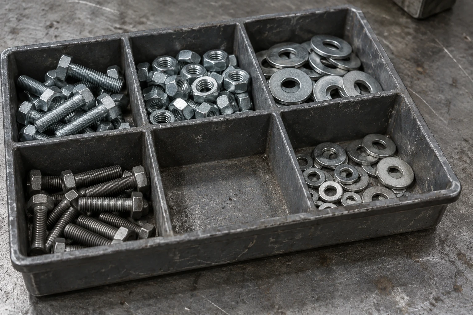 Bolts nuts and washers in distinct tray compartments