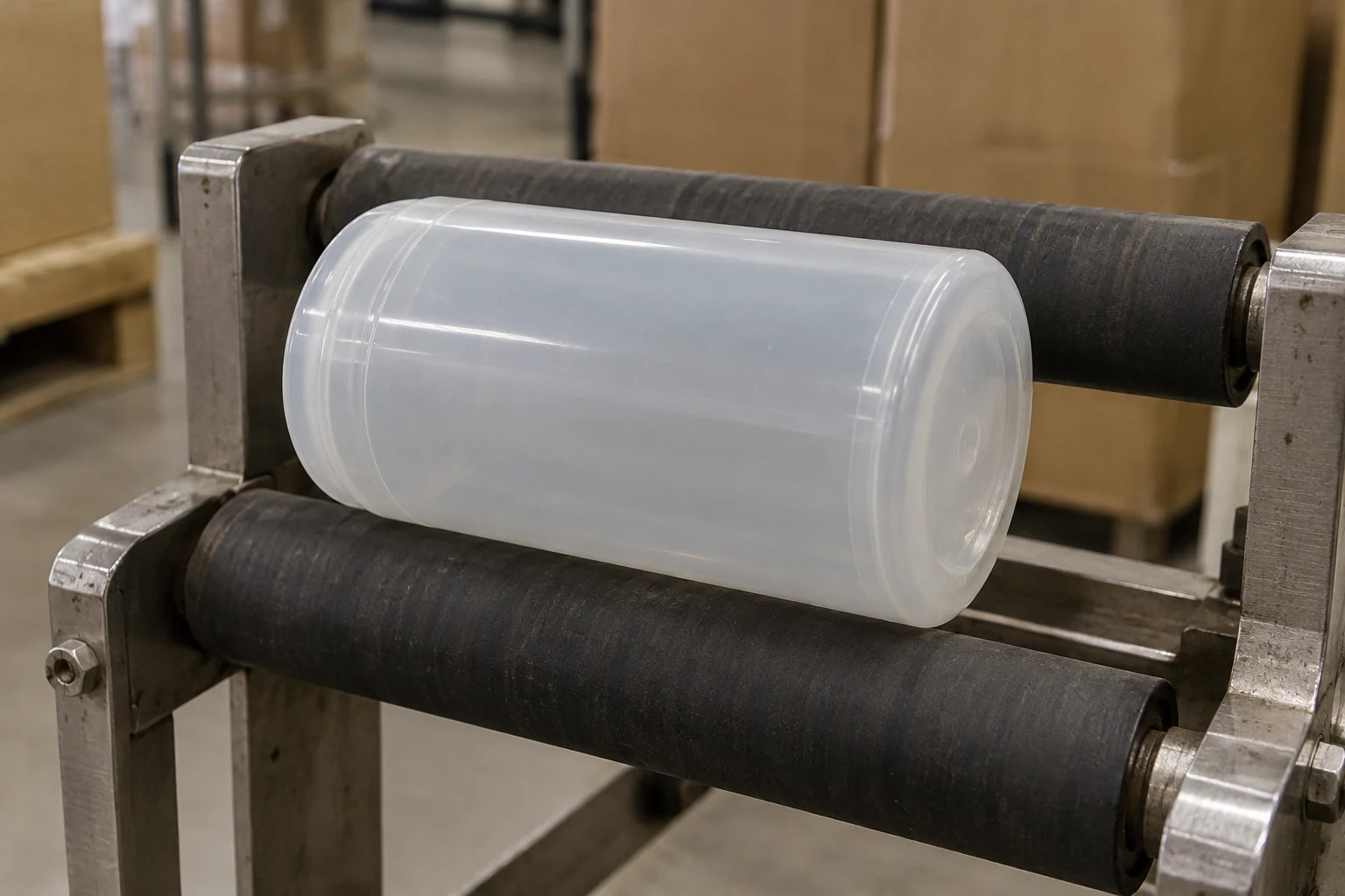 A cylindrical container supported on two parallel rollers