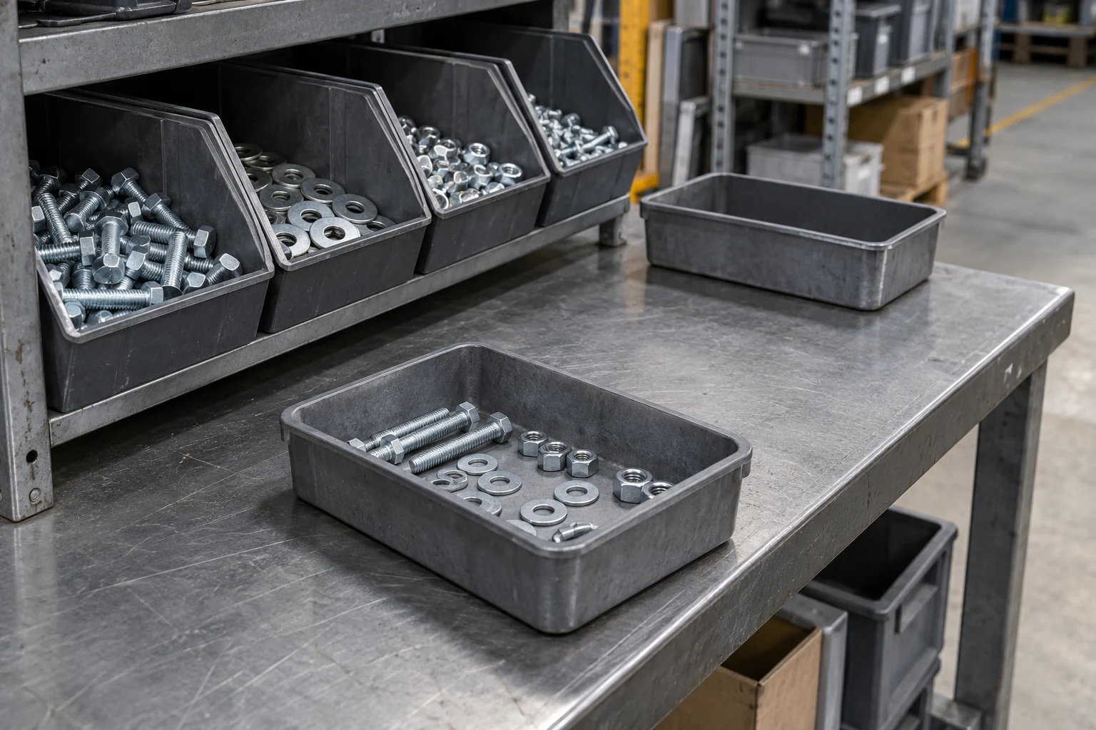 Component bins and a shallow kit tray on an industrial workbench