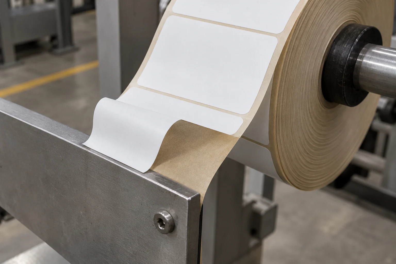 Pressure-sensitive labels separating from a brown liner at a peel edge