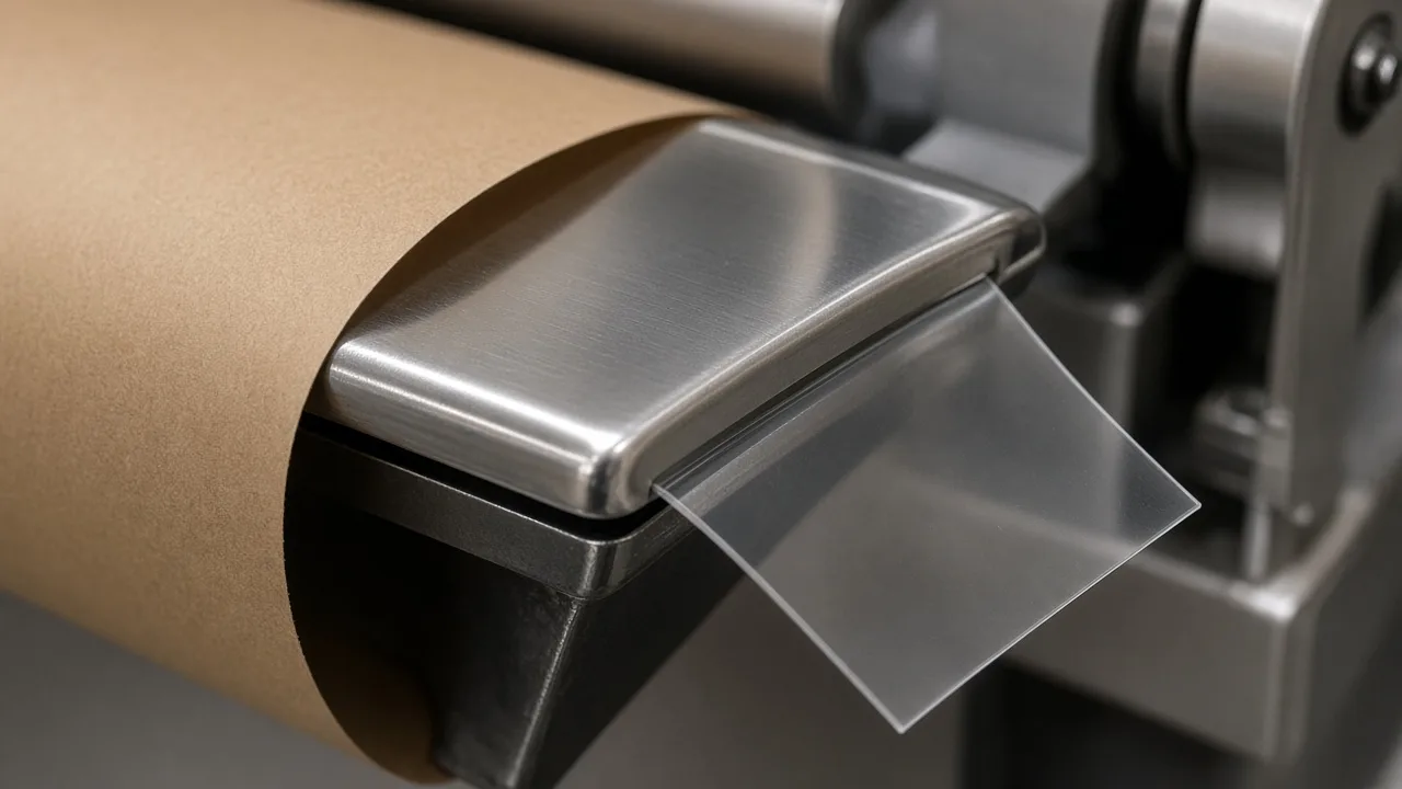 Liner turning over a metal edge while a blank film label lifts off